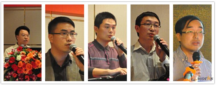 图5 e-works、市信息化推进中心相关人员讲解（从左至右为胥军、胡颲、王长兴、刘慧东、喻志民）