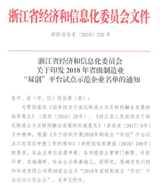 2018年省级制造业“双创”平台试点示范企业名单
