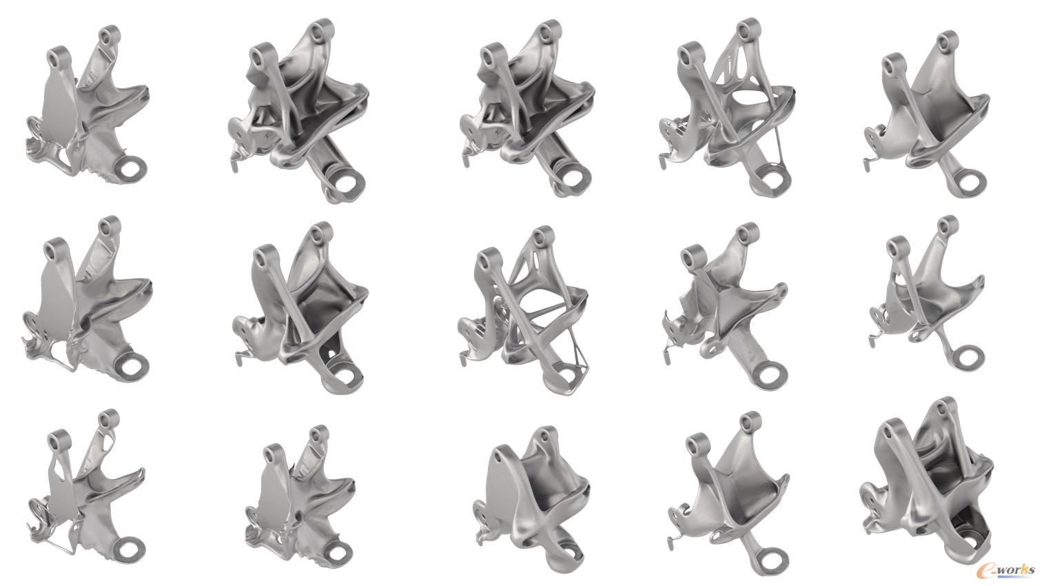 根据工程师设定的参数，衍生式设计生成了150多种可行的座椅托架备选设计方案