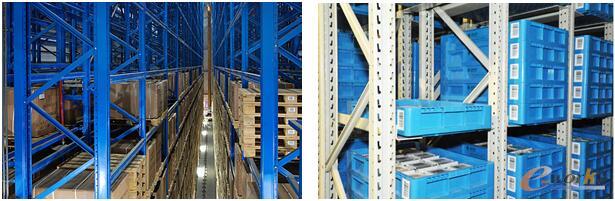 左：托盘货架系统、右：周转箱货架系统