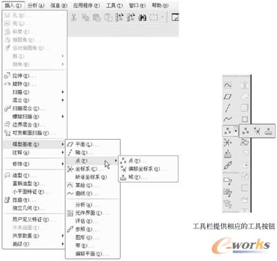 图2-1  用于创建模型基准的菜单命令及其相应的工具按钮