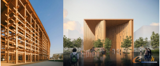 世博会标志性建筑“大屋根”（左）与中国馆（右）
