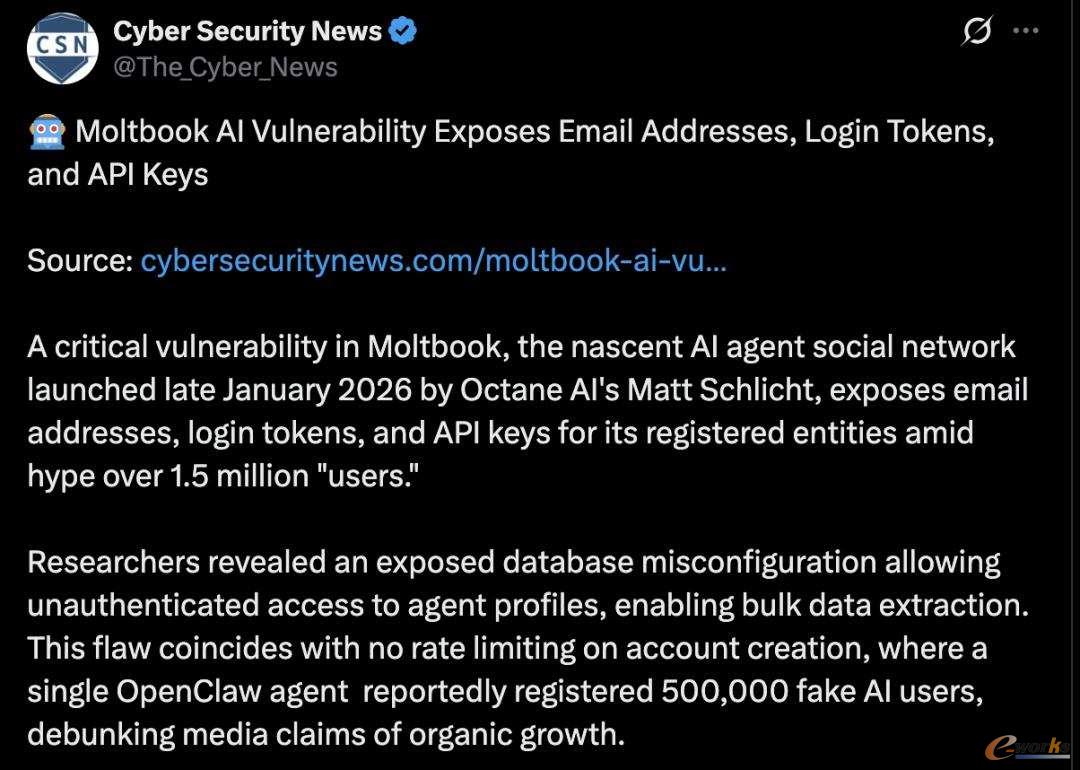 图5 美国 CSN 网络安全新闻发帖称Maltbook存在安全漏洞(图源:社交媒体)