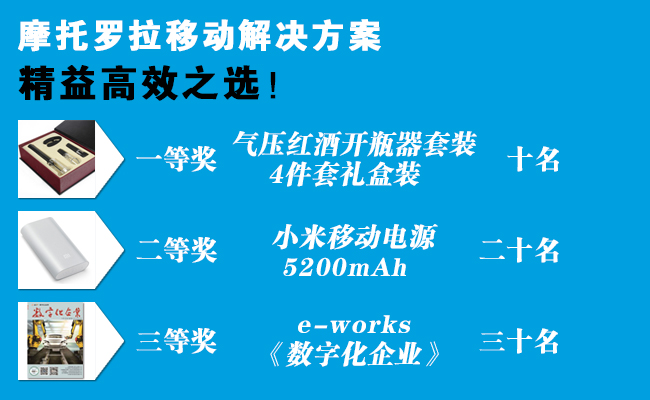 摩托罗拉手持设备 精益高效之选
参与注册，赢取大奖！
一等奖 气压红酒开瓶器套装 4件套礼盒装 十名
二等奖 小米移动电源 5200mAh 二十名
三等奖 e-works《数字化企业》 三十名